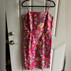 Tommy Hilfiger Hot Pink Floral Sheath Cotton Dress Sz 10 Spaghetti Strap Bright
